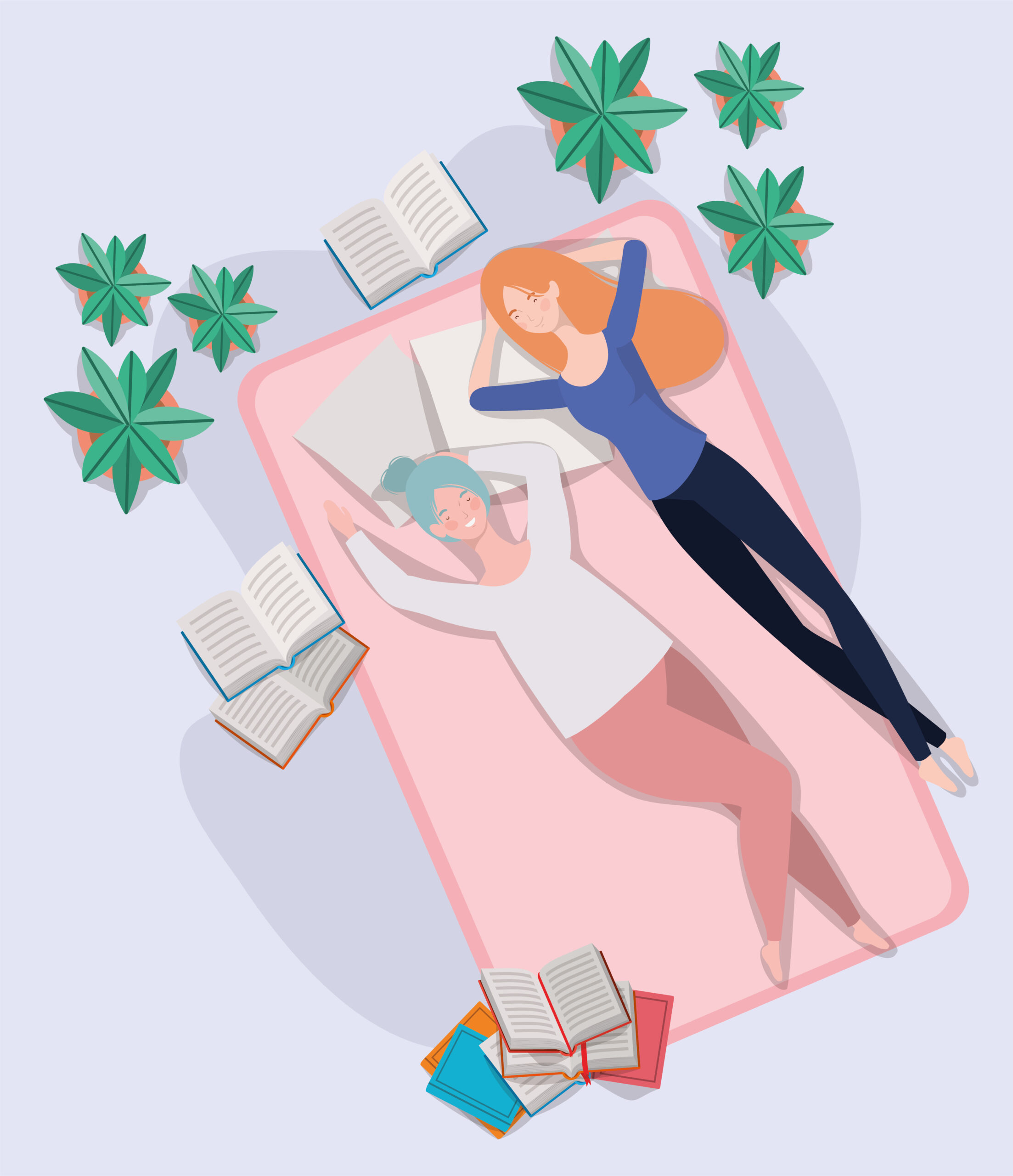 young women relaxing in mattress in the bedroom vector illustration design
