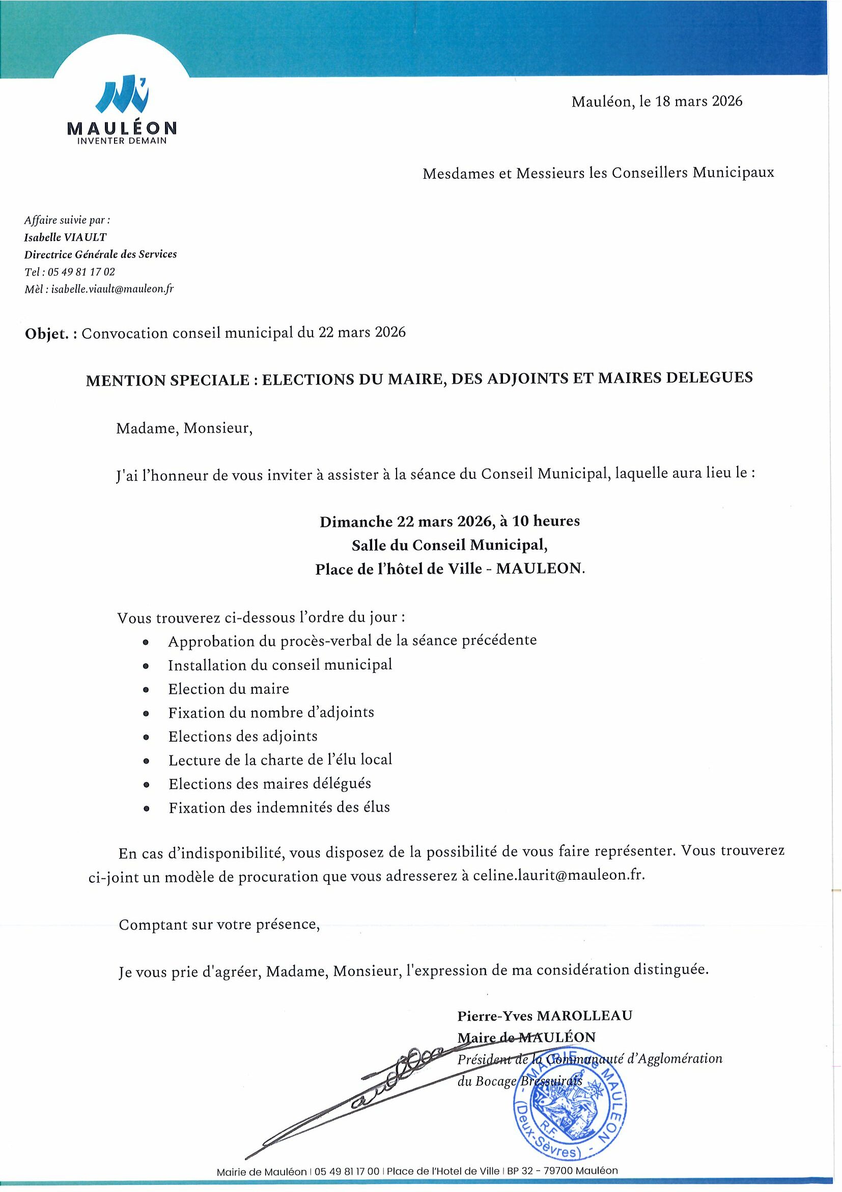 Convocation de l'installation du conseil municipal du 22 mars 2026