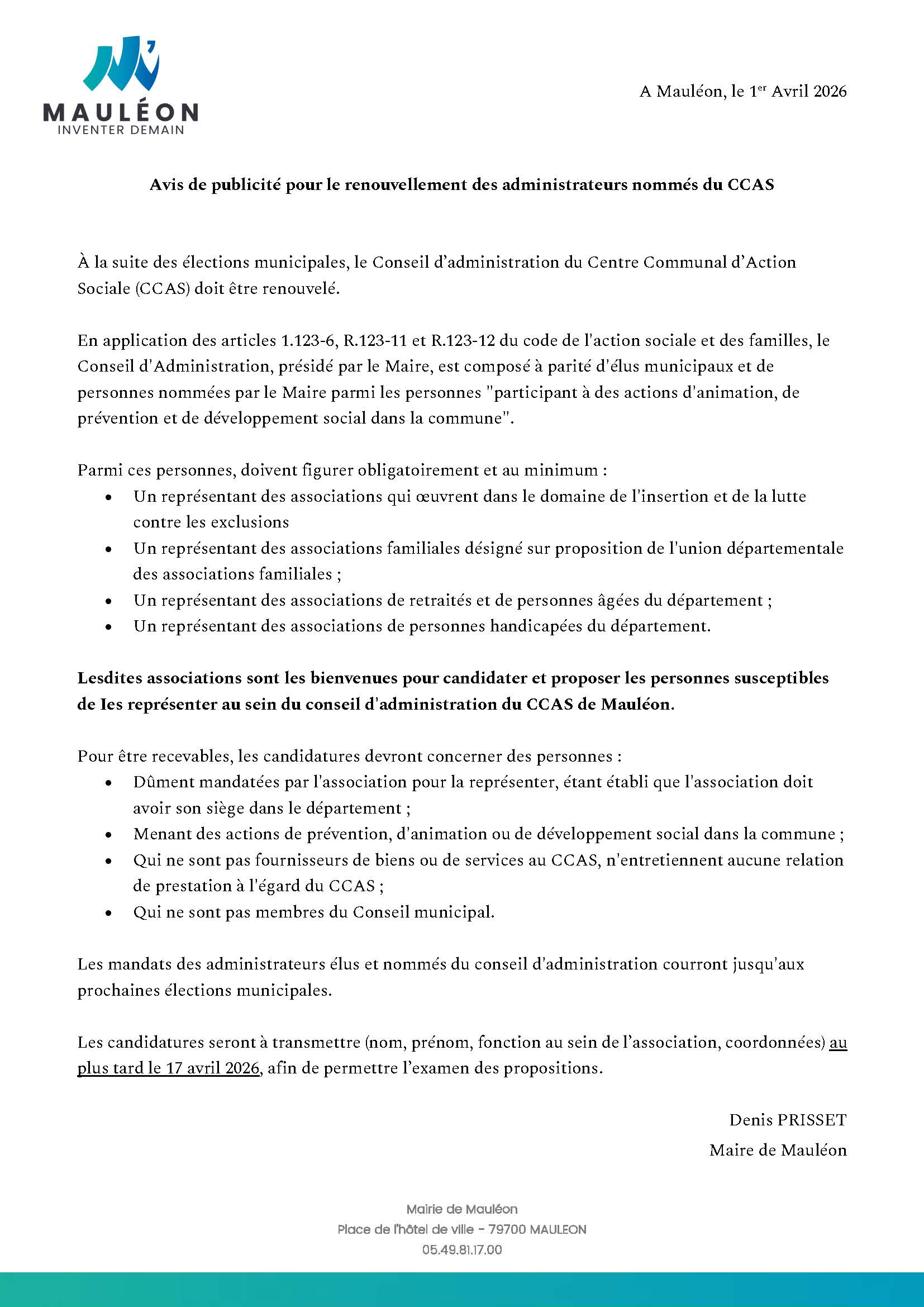 Avis de publicité candidatures CCAS