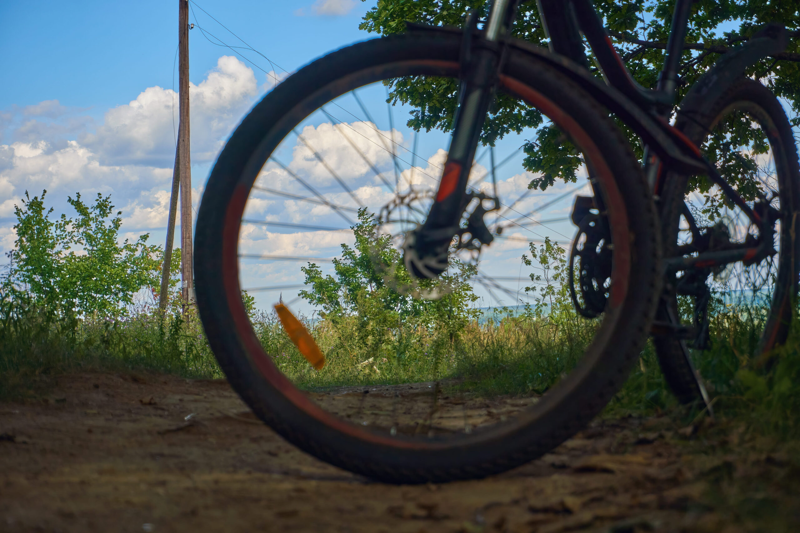 Mountain bike for outdoor activities, bicycle wheels, selective selective focus. outdoor cycling.